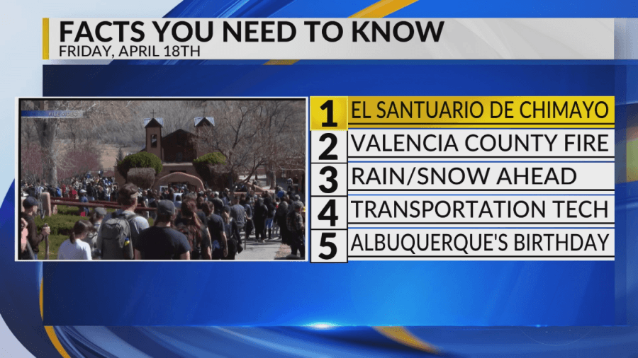 KRQE Newsfeed: El Santuario de Chimayó and Tomé Hill, Fire in Valencia County, Rain and snow, Transportation tech, Albuquerque's birthday
