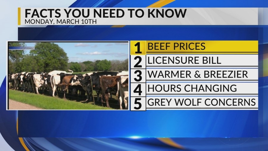 KRQE Newsfeed: Beef prices, Massage parlors, Warmer and breezier, Hours changing, Gray wolf concerns