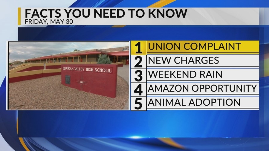 New Mexico school complaint, New Mexico deputy charged, Weekend rain, Roswell Amazon, Bernalillo County animal shelter