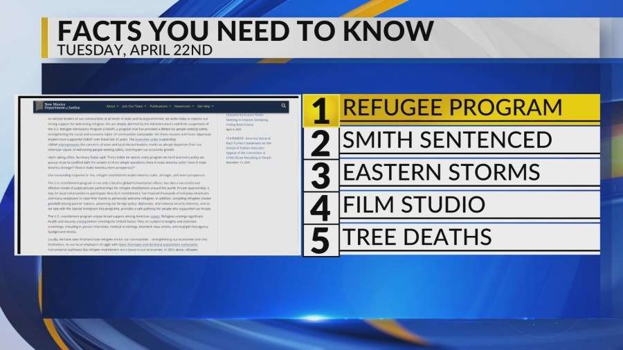 KRQE Newsfeed: Refugee program, Smith sentenced, Eastern storms, Film studio, Tree deaths