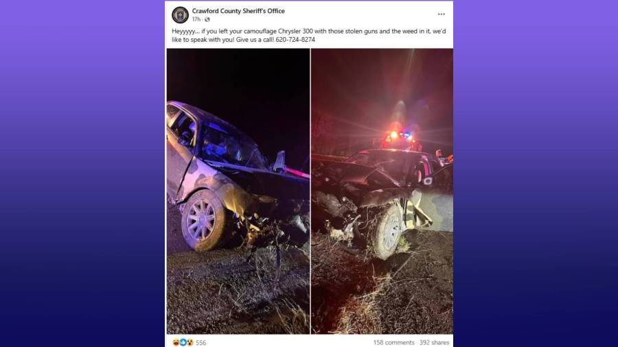 Kansas authorities poked fun at owner of crashed car, stolen guns… saying 'Heyyy…'