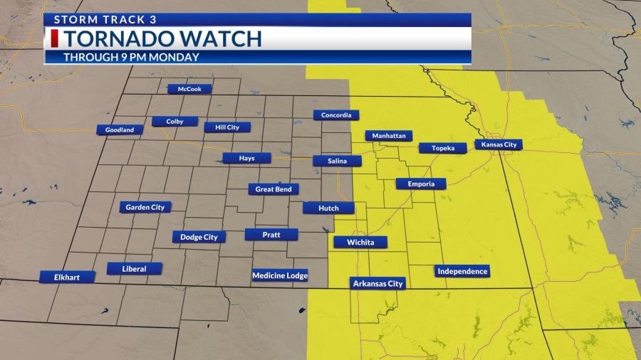 Tornado watch in effect for Wichita area and counties east