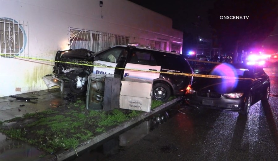 National City police SUV crashes into BMW, electrical box and building