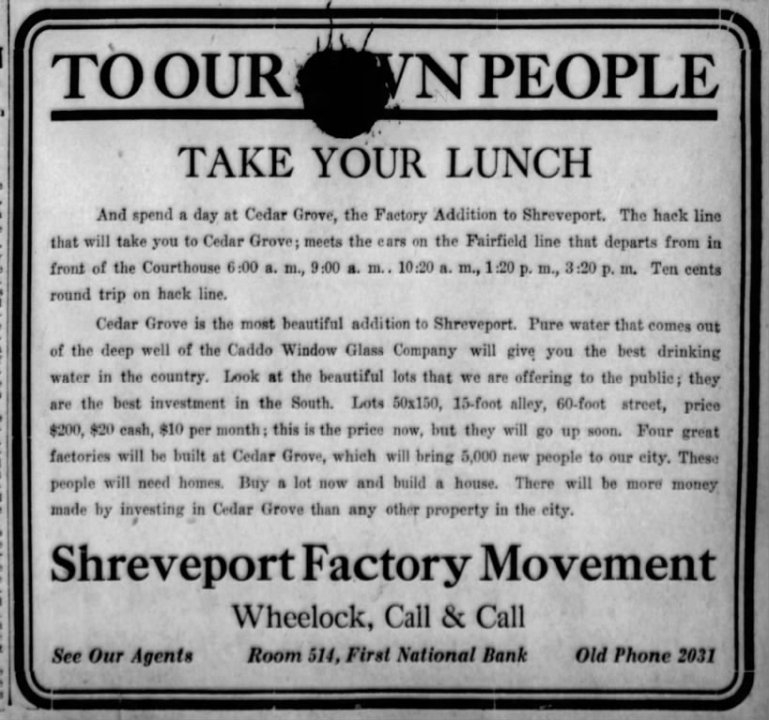 Shreveport's 'factory movement' of 1911 completely transformed Cedar Grove