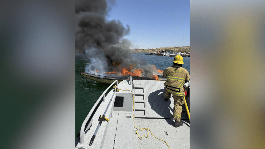 Video shows crews battling boat on fire on Lake Havasu