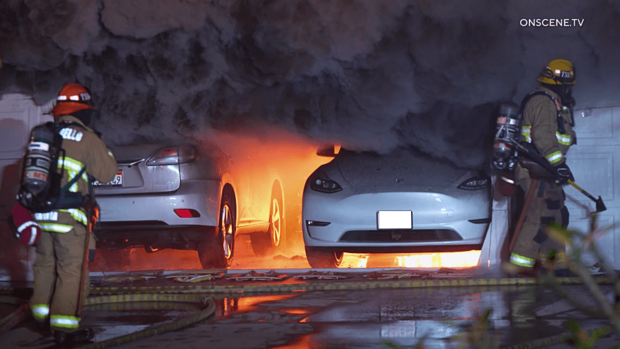 Tesla catches fire, burns inside garage of L.A. County home