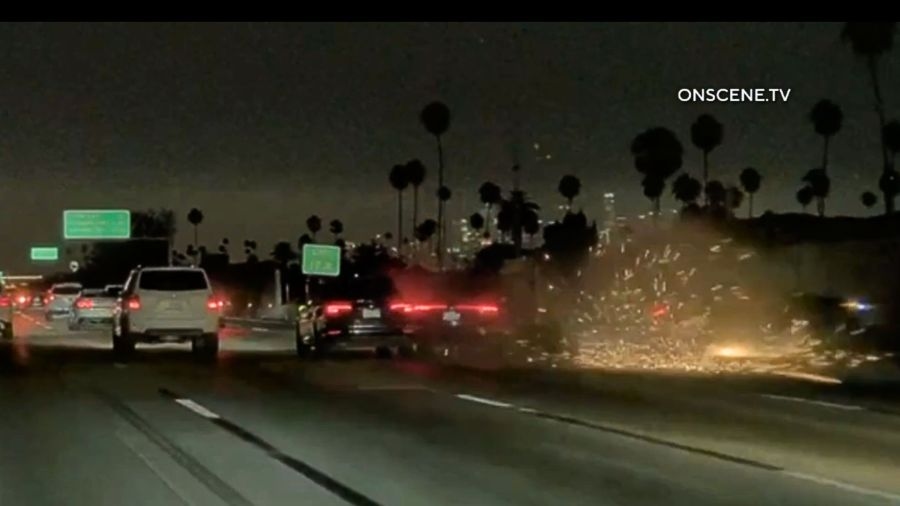 Fiery street racing crash on 110 Freeway in South L.A. caught on video