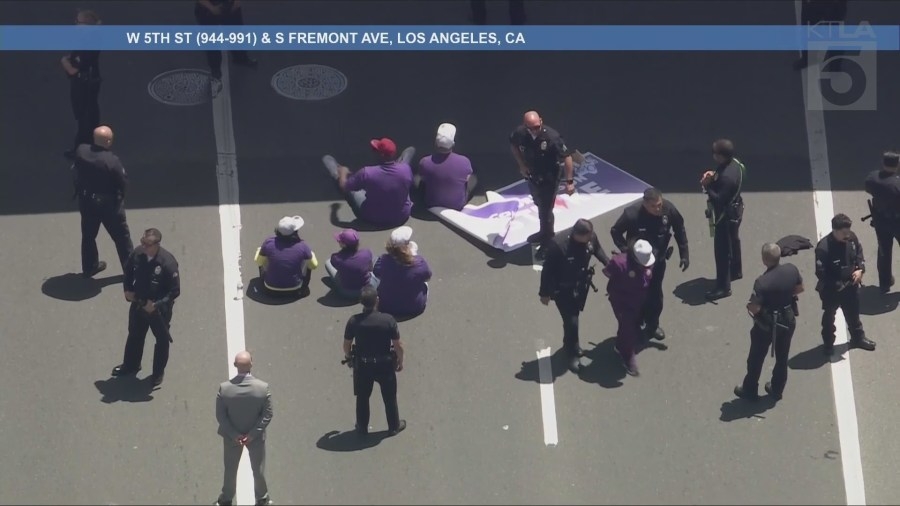 Arrests made as Los Angeles County employees march in DTLA, block traffic