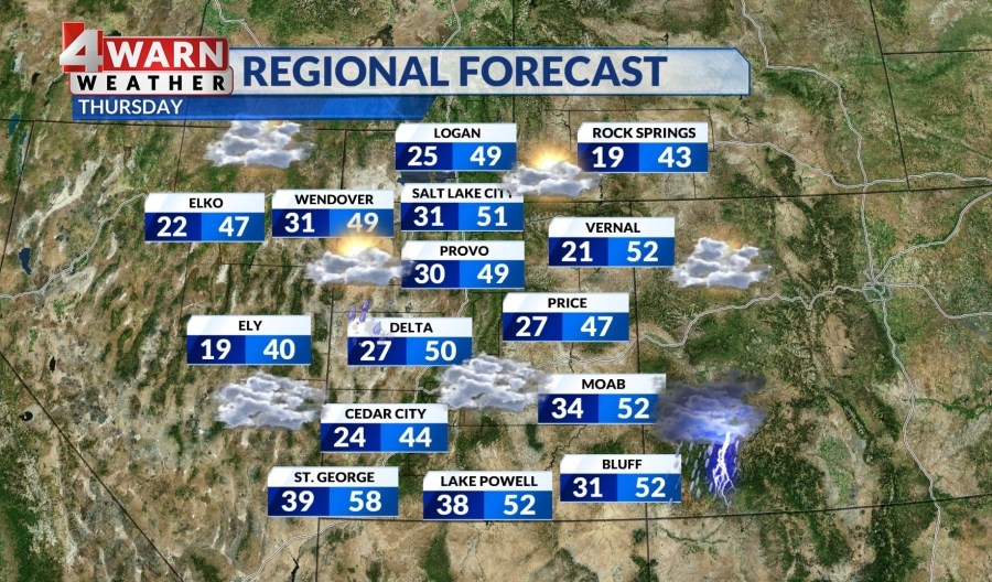 Isolated snow showers reach southern Utah with passing showers up north