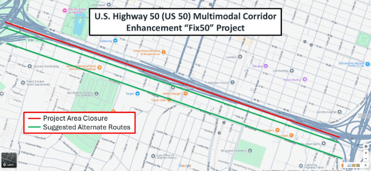 Full closure of eastbound Highway 50 for overhead signs installation