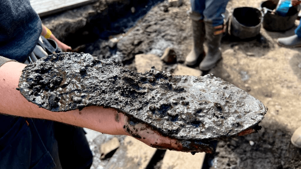 2,000-year-old giant leather shoe 'immediately drew impressed gasps' after archaeologists pulled it from a ditch near a Roman fort in northern England