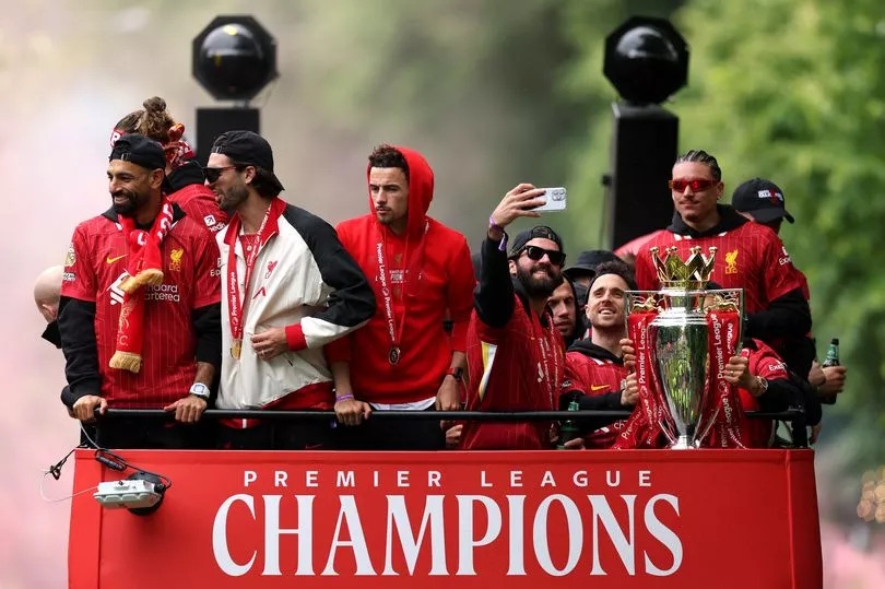 Curtis Jones mocks Luis Diaz during Premier League title parade