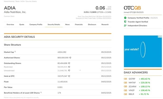 CORRECTION FROM SOURCE: Adia Nutrition Inc. Successfully Uplists to OTCQB Venture Market in Record-Breaking Six Weeks and Completes SEC Rule 15c2-11 Compliance