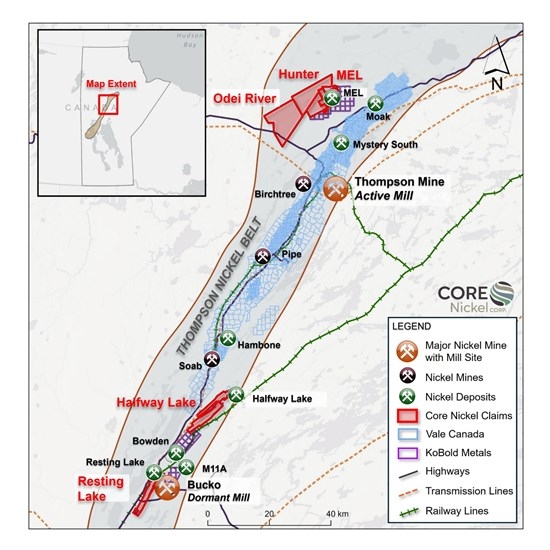 Core Nickel Commences Property-Wide Airborne Electromagnetic Surveys on its 100%-Owned Mel and Odei River Projects and Grants Stock Options