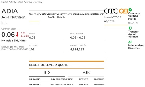 Adia Nutrition Inc. Files for OTCQB Uplisting with OTC Markets, Emphasizing OTC-Handled 15c2-11 for Transparency and Investor Reach