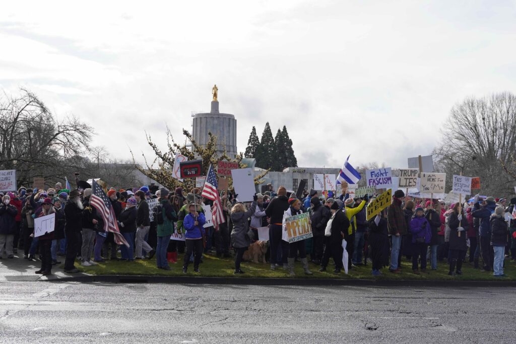 Hundreds rally in Salem, Portland against Trump, Musk moves on funding, against agencies