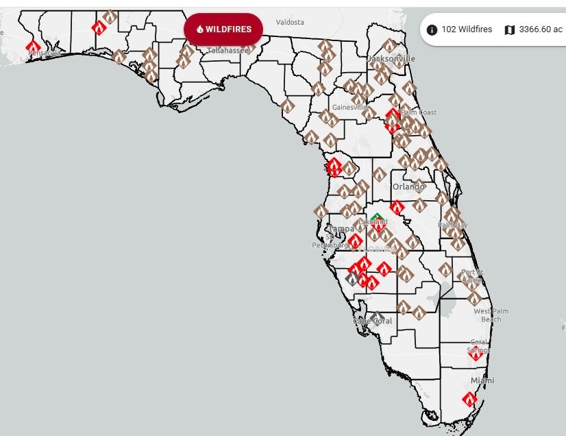 102 wildfires burning 3,366 acres in Florida as drought worsens. See where they are