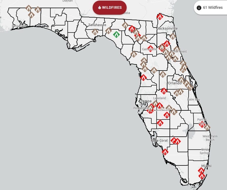 61 wildfires burning in Florida, Red Flag Warnings out. Map shows where fires are