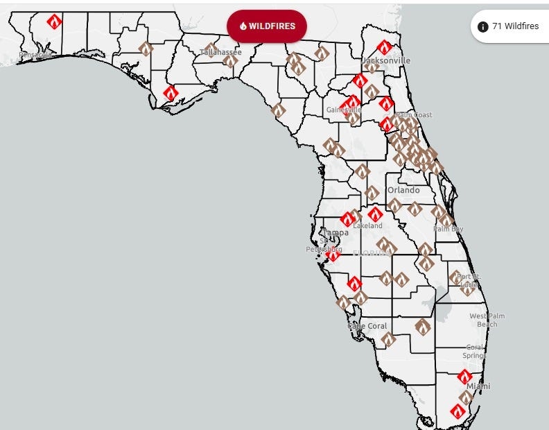 Number of wildfires in Florida increases to 71, burning 3,000 acres. See map for locations