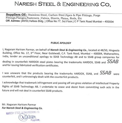 Steelmaker SSAB, the Manufacturer of Hardox® Wear Plate, Cracks Down on Trademark Infringement in India