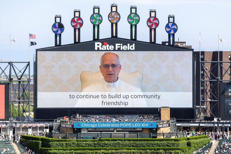 Pope Leo, from Chicago, makes his first US pitch at White Sox Park