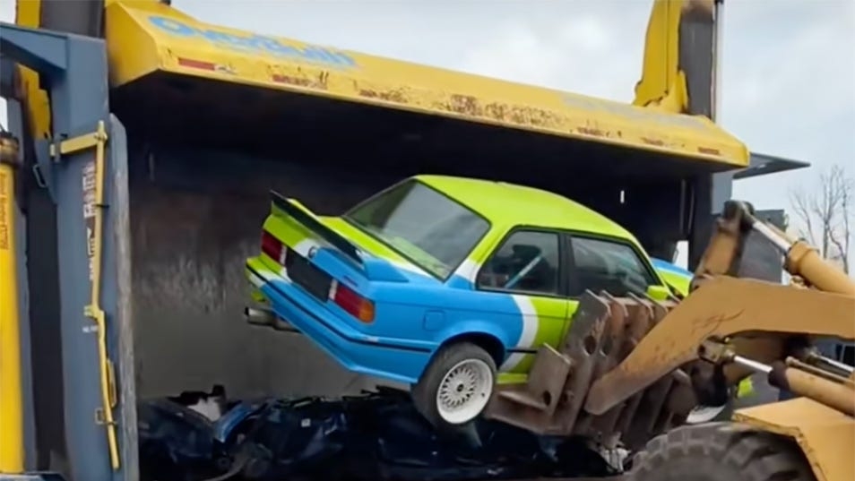 Watch This Poor 2JZ-Swapped BMW E30 Meet the Crusher After Being Seized