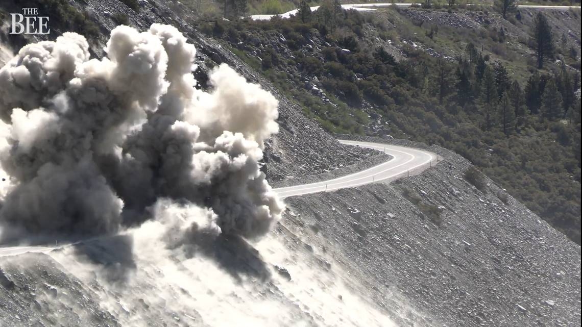 Watch crews blow up huge boulder on Hwy. 120 near Yosemite to clear rocky road