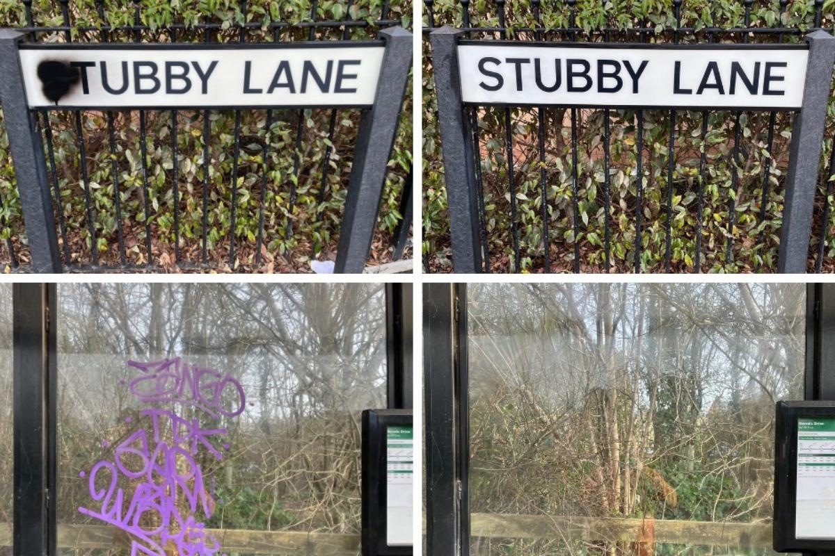 Councillor removes graffiti from street sign and bus stop