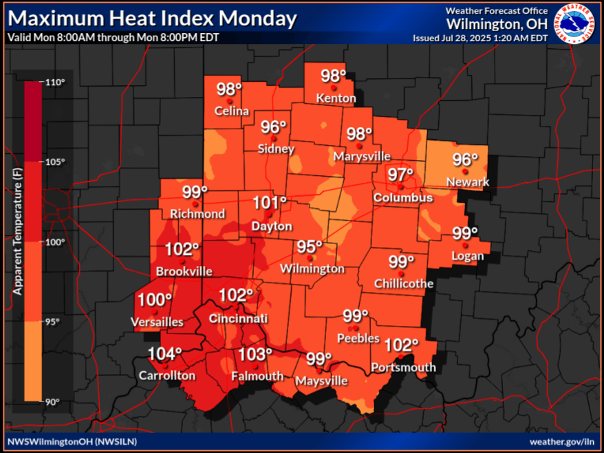 Franklin, Licking, other central Ohio counties placed under heat advisory; storms expected