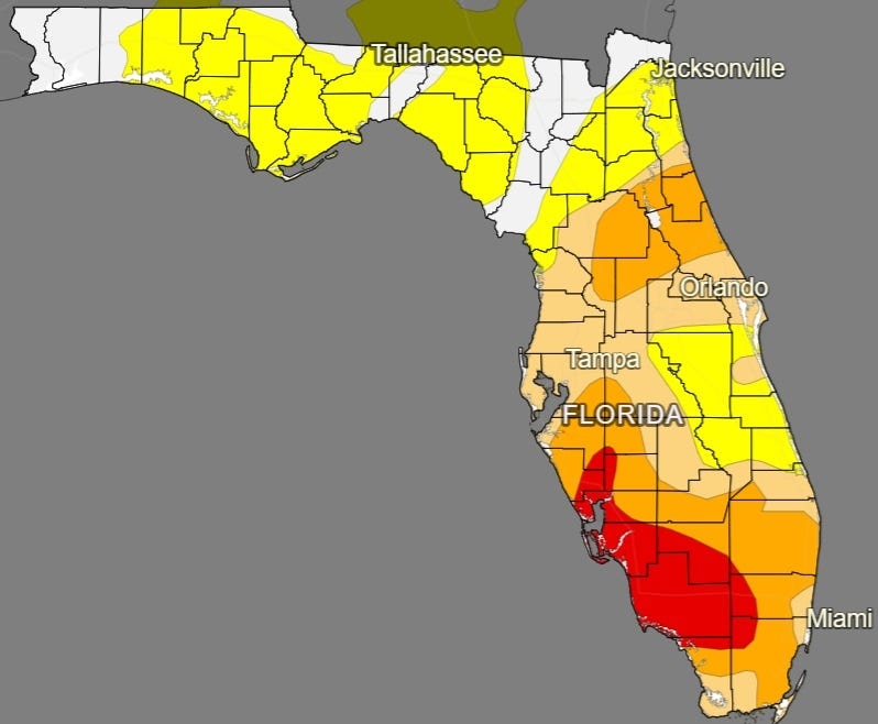 Recent rains helped, but most of Florida still very dry and this heat wave won't help