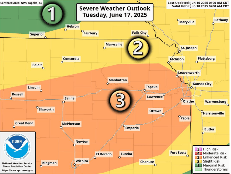 Much of Kansas to see enhanced risk for hail, high winds, tornadoes June 17