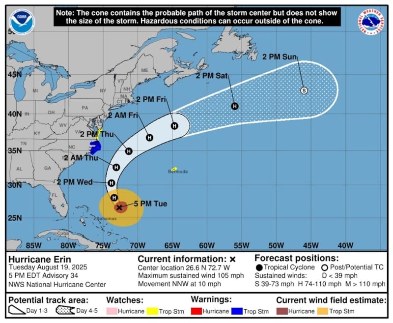Erin: Storm surge forecast 2-4 feet from Cape Lookout to Duck