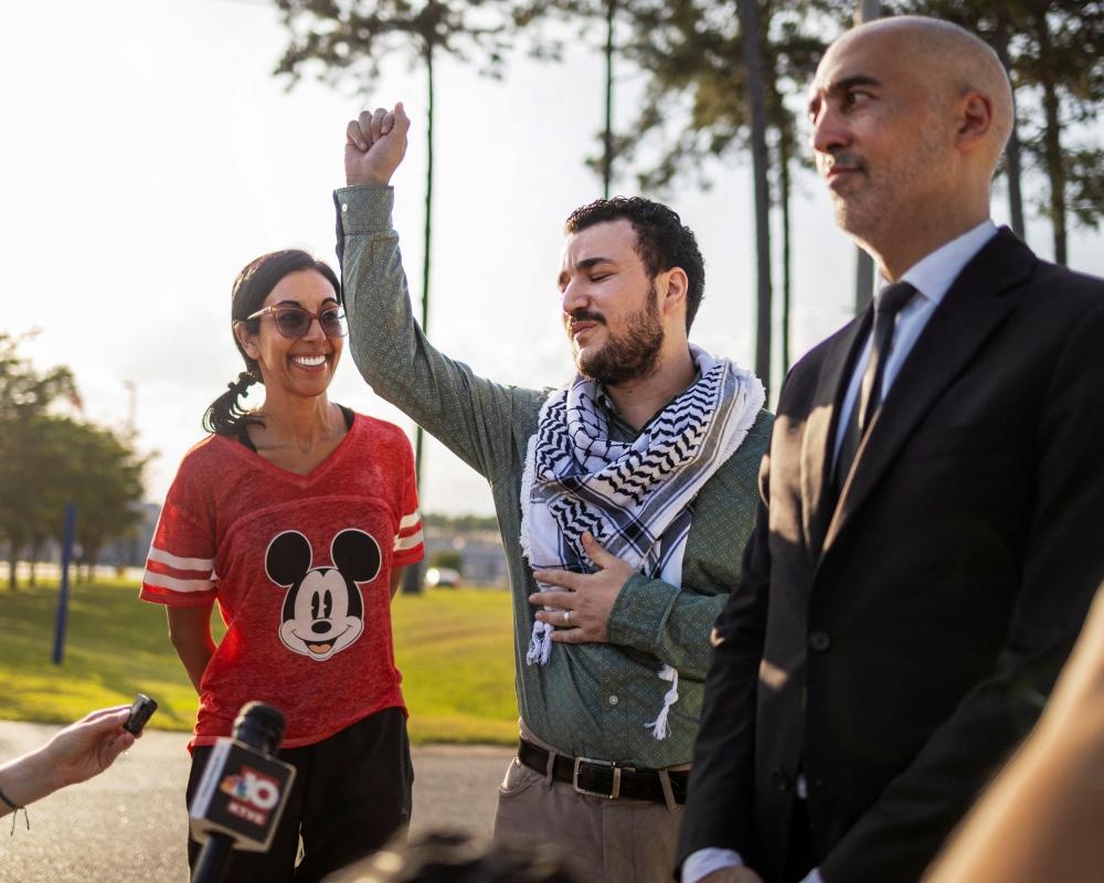 Relief and a raised fist as Mahmoud Khalil goes free – but release ‘very long overdue'