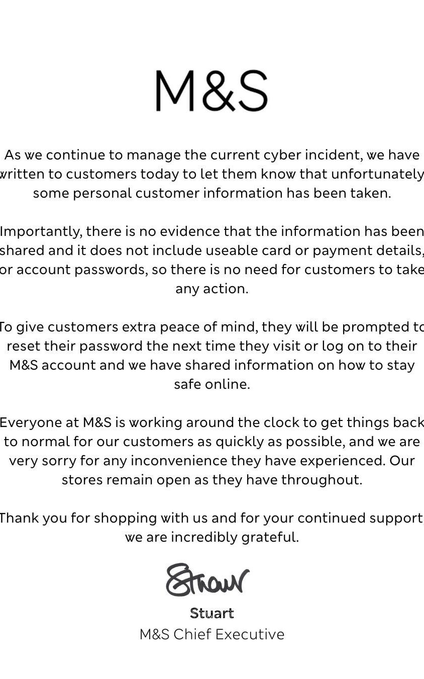 M&S staff data stolen by hackers in cyber attack