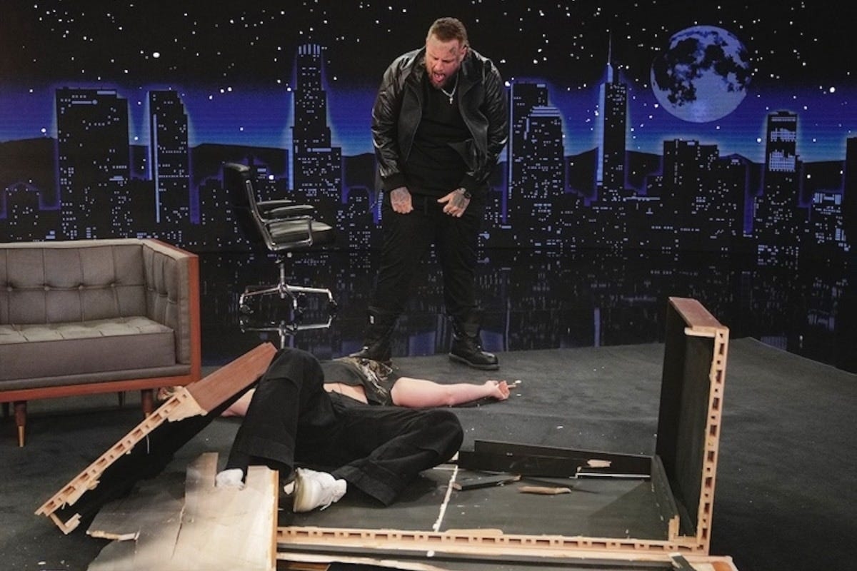 Watch: Jelly Roll hosts Jimmy Kimmel Live, chokeslams his WWE opponent Logan Paul