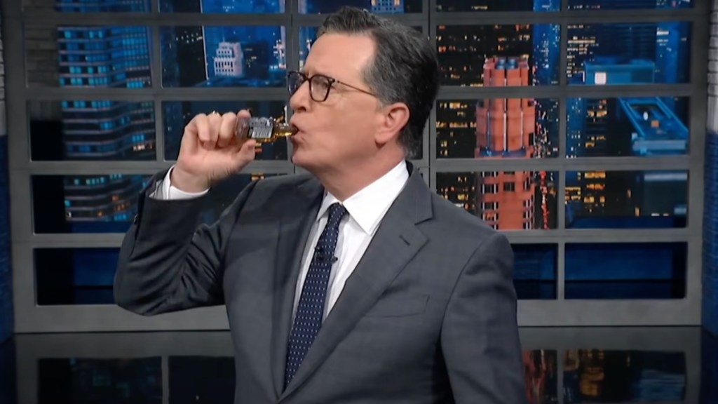 Stephen Colbert Takes a Swig of Jack Daniel's While Dishing on Recession Indicators