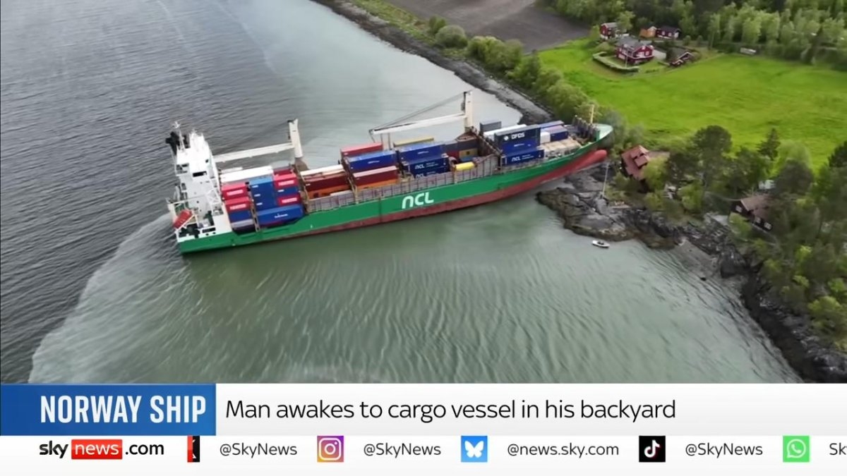 Watch: Norwegian man wakes to find cargo ship in his yard
