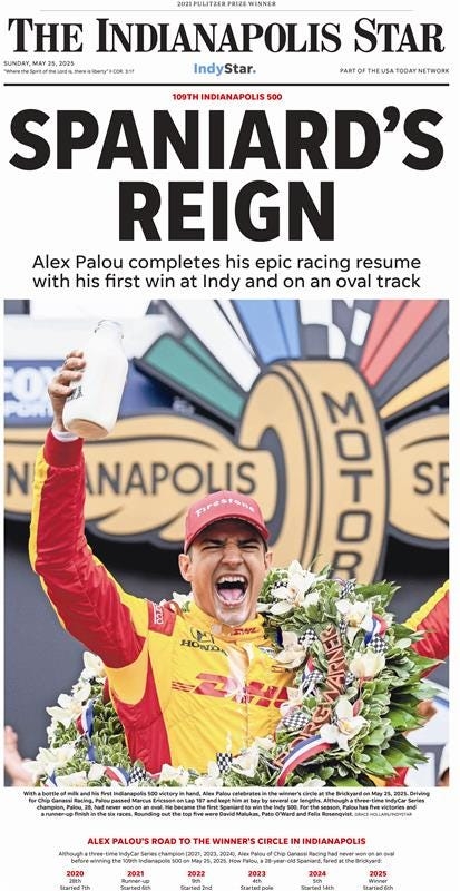 Celebrate Alex Palou's first Indianapolis 500 victory with a commemorative page print