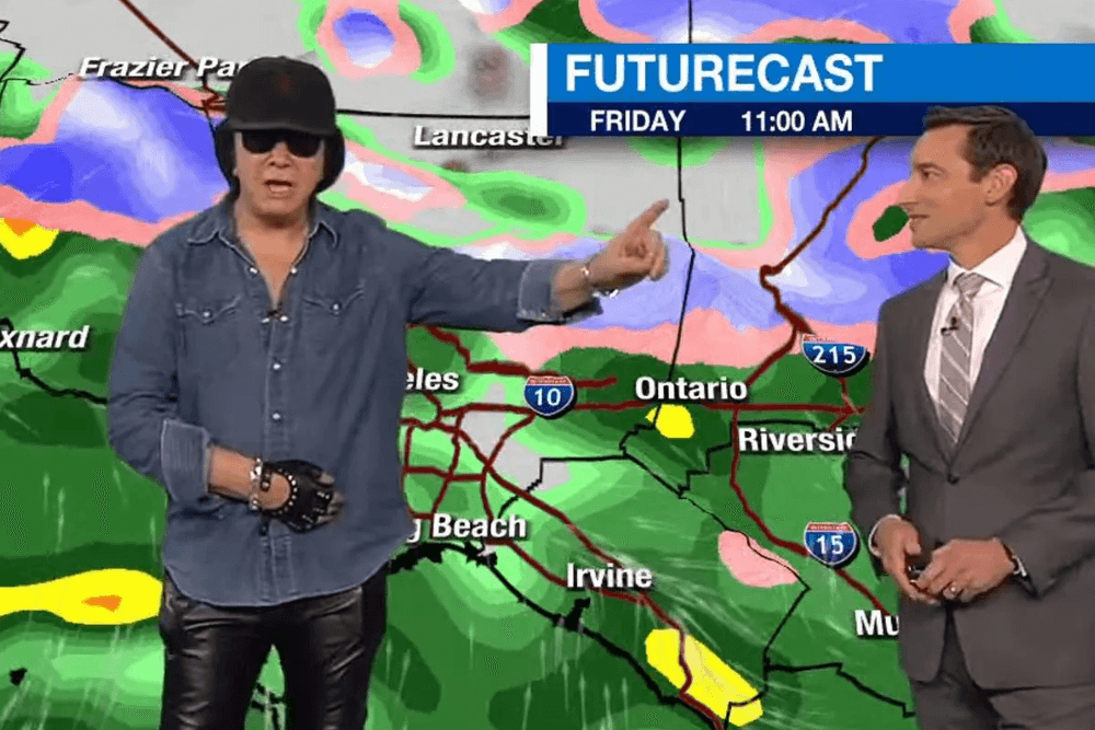 Kiss' Gene Simmons Crashes Local L.A. Weather Report, Says Weather Is Perfect ‘To Rock and Roll All Night'