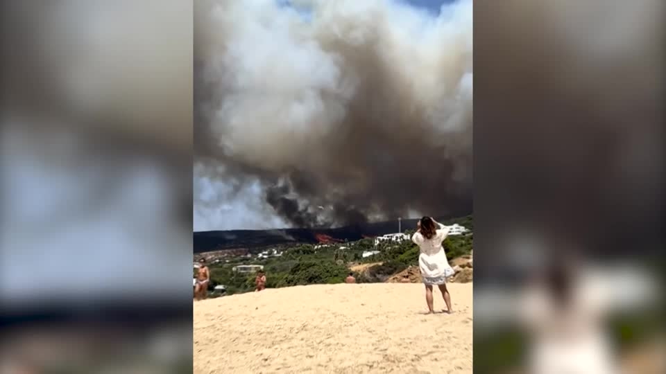 Wildfires sweep through Spain's Cadiz as beachgoers watch on