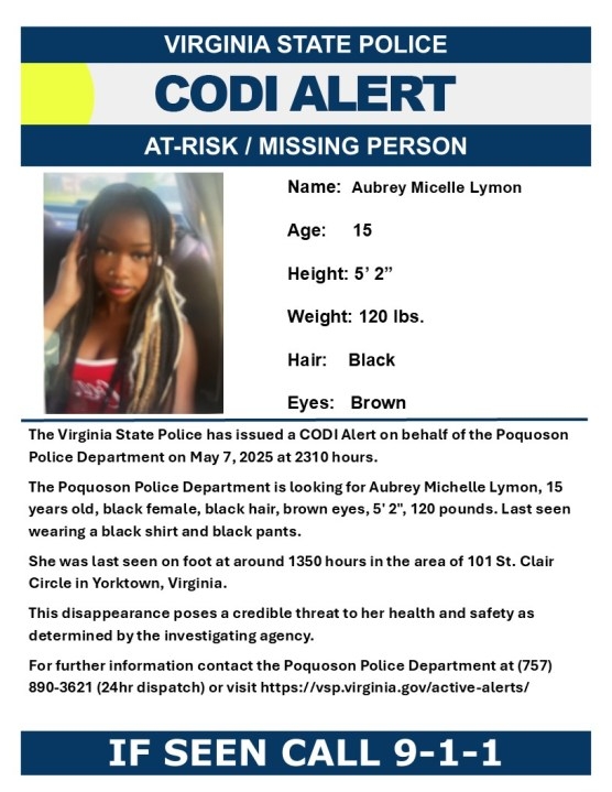 CODI Alert issued for missing Poquoson teen girl