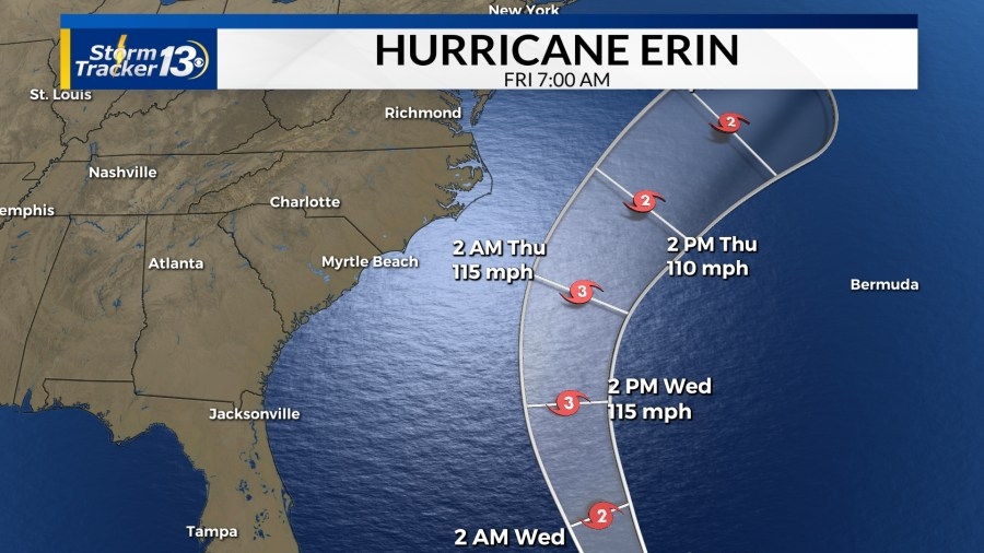 Erin slightly weaker, tropical storm watches in effect in North Carolina
