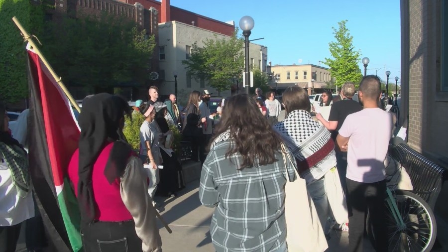Pro-Palestine protestors gather outside of Champaign City Council meeting as new members are sworn in