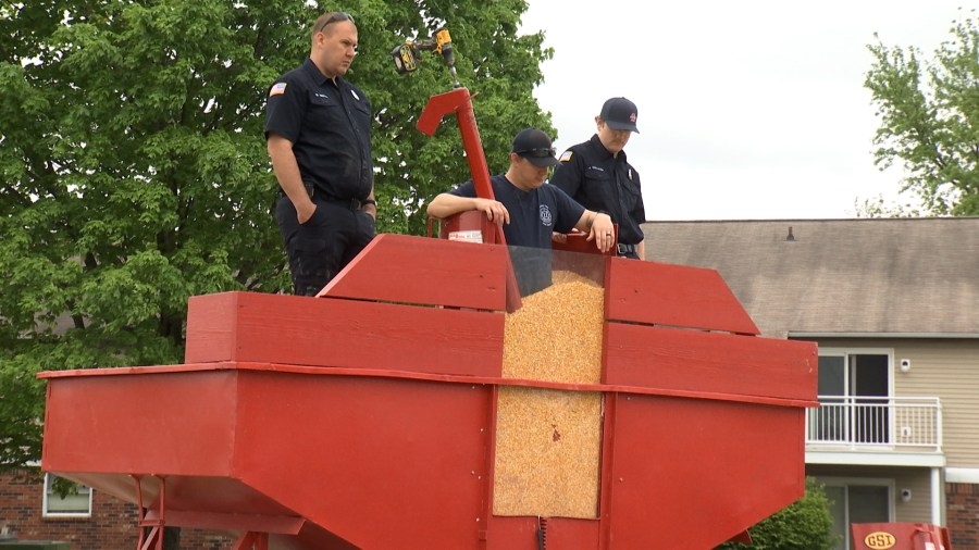 Patoka Township firefighters show how they rescue people in grain bins