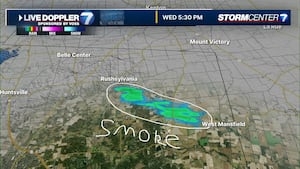 Large field fire, plume of smoke detected on radar in Logan County