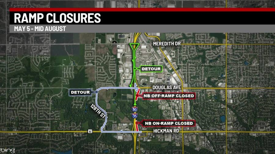 Ramp closures on I-35/80 at Hickman, Douglas begin Monday