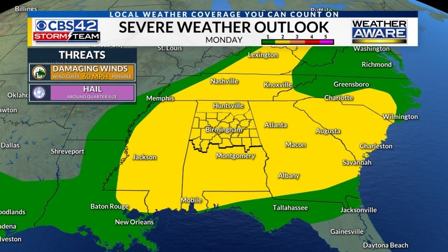 Quiet tonight, Weather Aware Monday for strong to severe afternoon storms