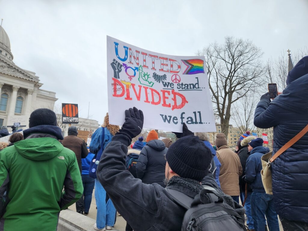 A decentralized demonstration draws hundreds to Wisconsin Capitol to protest Trump