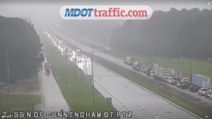 Fallen power line blocks I-55 in Hinds County