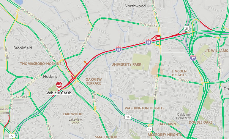1 seriously injured in crash on I-85 South in northwest Charlotte: NCDOT